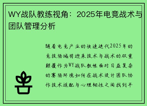 WY战队教练视角：2025年电竞战术与团队管理分析