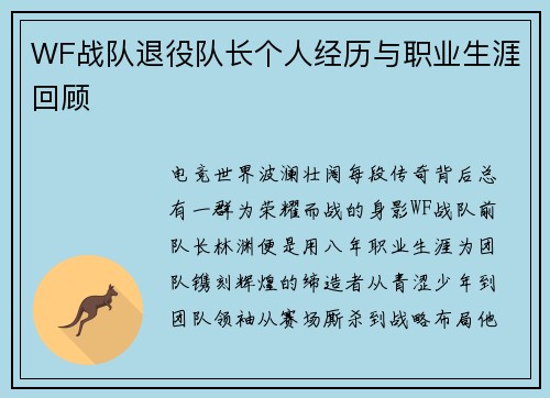 WF战队退役队长个人经历与职业生涯回顾