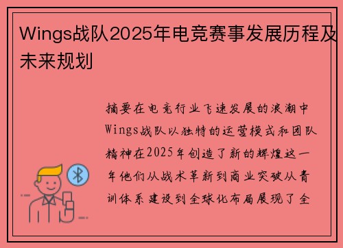 Wings战队2025年电竞赛事发展历程及未来规划